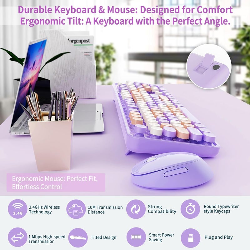 Nowlike Wireless Keyboard and Mouse Combo, Retro Typewriter Keyboard with Round Keycaps, Full-Size Ergonomic, Purple, Ideal for Windows PC, Home, Office, and College - Image 5